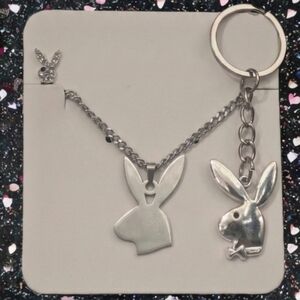 3 Piece Silver Playboy Bunny Necklace Pierce-less Nose Ring and Keychain Set New